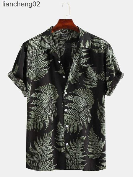 Camisas casuais masculinas vestem 2022 verão nova camisa masculina casual lea de praia bordo impressão de folhas curtas camisas de mangas curtas camisas para hombre w0328