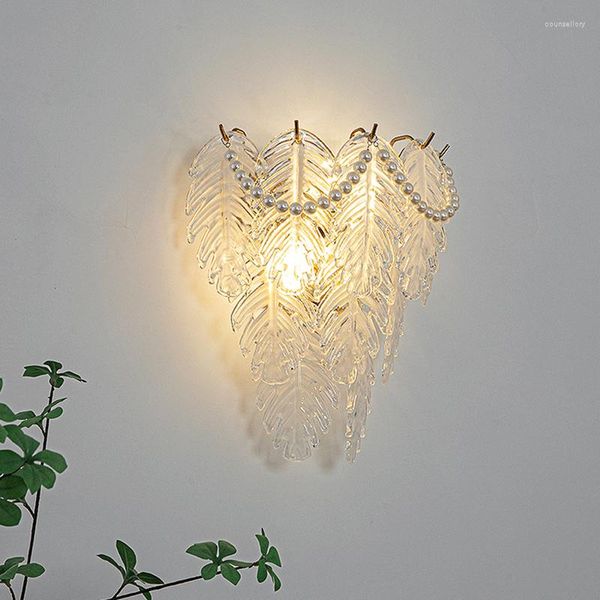 Lampade da parete Piuma Foglia Conchiglia Forma di fiore del sole Vetro Oro Lampade a LED Luci lucide Camera da letto Notte Decorazioni per la casa di lusso