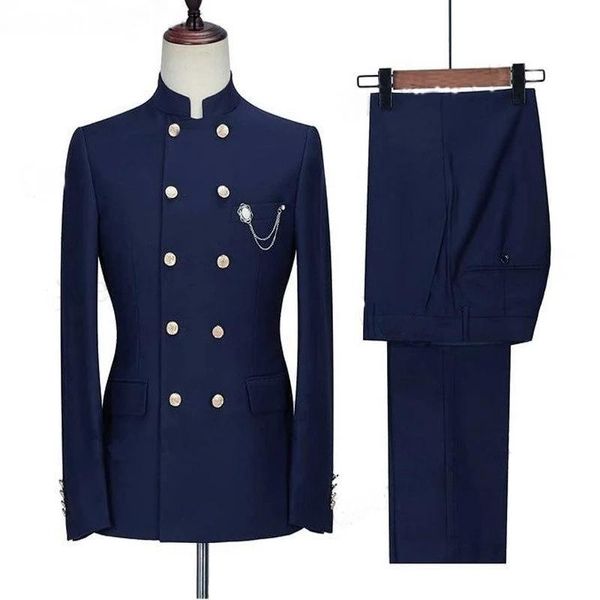 Ternos masculinos Blazers Black Navy azul mais recente casaco Designs de calça homens Stand colar baile de baile/fantasia homme slim fit 2 peças smoking masculino masculino