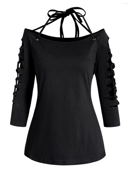 Damen-T-Shirts Dressfo Gothic Style Female Cut Out Open Shoulder Tops für Frühling Sommer Y2K Pure Black Highstreet Fashion Tee Cool Girl