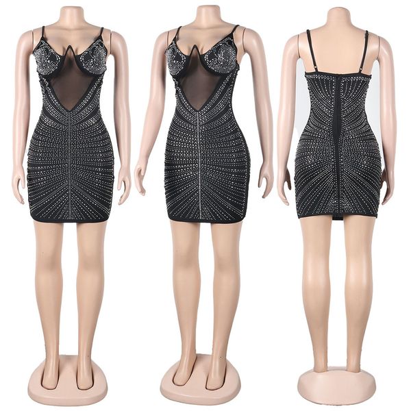 Novo novo strass diamantes vestidos femininos de luxo sem mangas com decote em v bodycon mini vestido moda noite vestido de festa clubwear roupas por atacado 9613