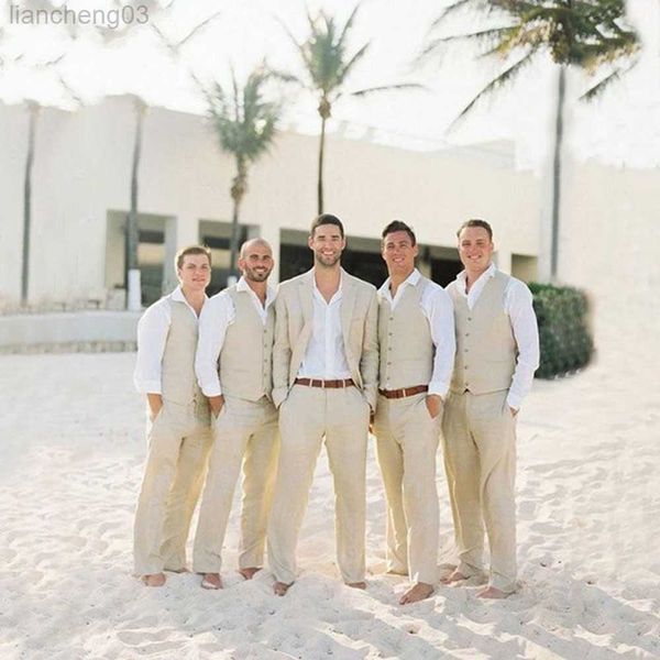 Erkekler Trailtits Yüksek kaliteli bej keten sıradan erkekler düğün yaz plajı damat en iyi adam parti balo balo pantolon üç parça w0329
