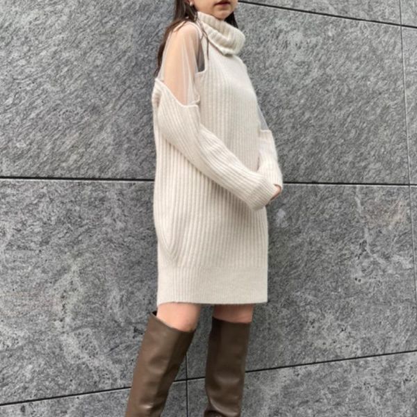 Lässige Kleider Sexy Schulterfrei Langarm Pullover Herbst Winter Warm Rollkragen Strick Robe Femme Japanische Elegante Knielange Vestido