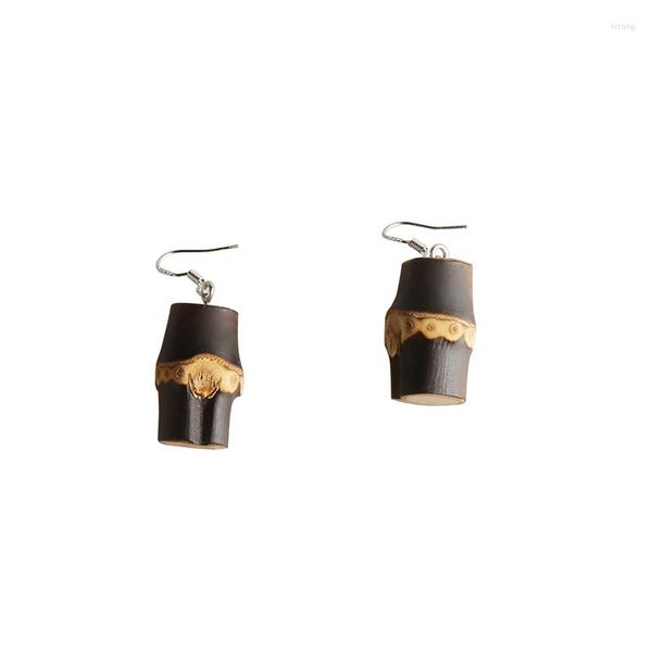 Orecchini pendenti Nilerun Vintage unici fatti a mano, piccole vere perline di radice di bambù nero scuro naturale
