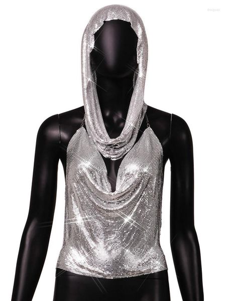 Kadın T Shirt Seksi Backless Metal Payetli Kırpılmış Üst Kadınlar 2023 Moda Tasarımcısı Kulüp Partisi Halter Tees Kadın Eşarplı Y2K Gümüş