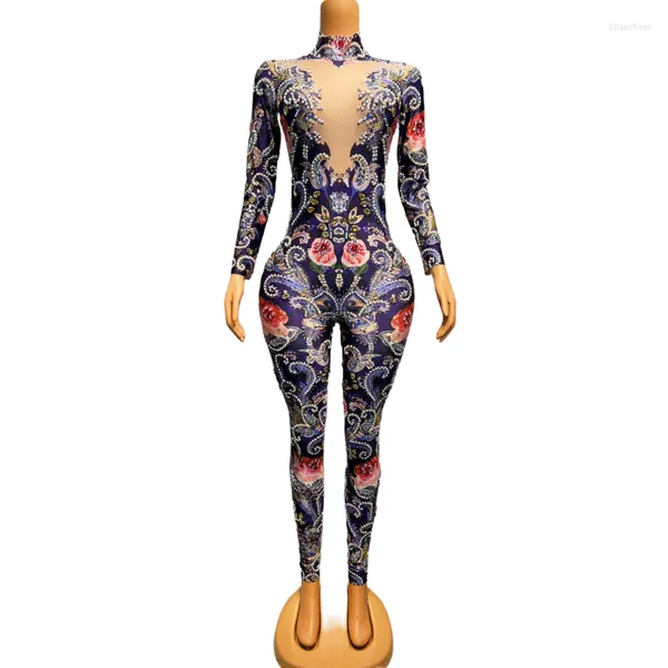 Bühnenkleidung Mode Rosenblumendruck Perle Strass Overall Vintage Stretch Blumen Trikot Leistung Kostüm Festival Kleidung