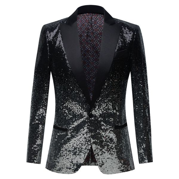 Abiti da uomo Blazer Nero con paillettes Un bottone Collo a scialle Giacca da uomo Bling Glitter Nightclub Prom DJ Blazer Giacca da uomo Abiti da scena per cantanti 230329