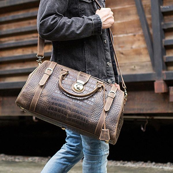 Duffel Bags Vintage подлинный кожаный мужский мешок для переноски Crocodile Duffle Crocodile на багаж.