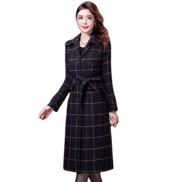 Damen Wollmischungen Woolen Weiblicher Mantel Damenmode Karierter Mantel Für Herbst Winter Abnehmen Lang Mit Gürtel Über Knie Plus Größe Umhang Sk