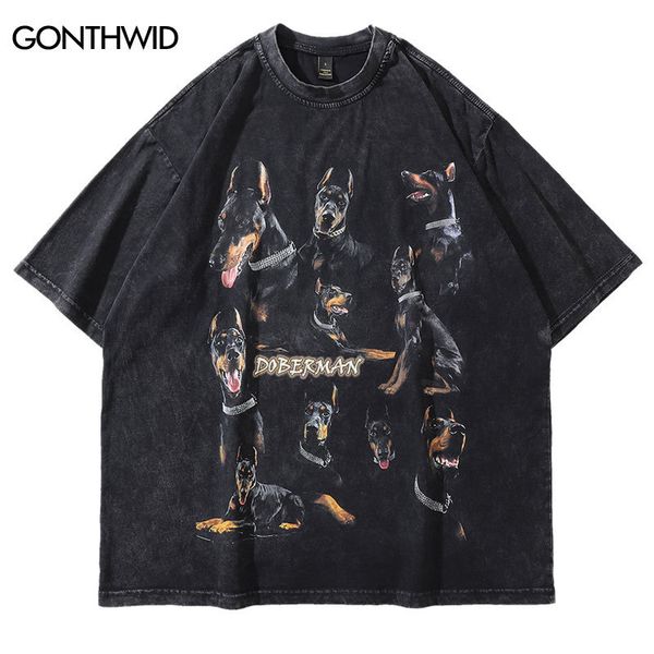 Erkek Tişörtler Büyük Boy Sıkıntılı Tişörtler Hip Hop Vintage Doberman Dog Baskı Punk Rock Gotik Tshirt Street Giyim Harajuku Sıradan T-Shirt 230328