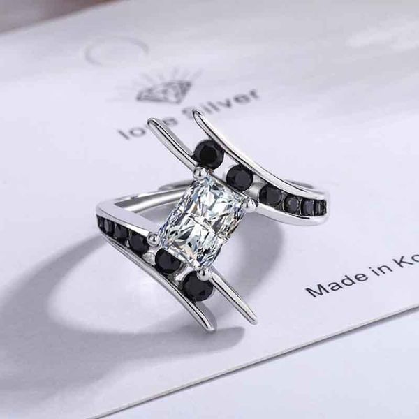 Cluster Ringe Trendy Schwarz Zirkon 925 Sterling Silber Ring Für Frauen Schmuck Einstellbar Kristall Quadratisch Geometrische Cool Lady GiftCluster