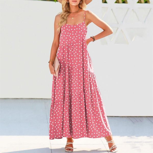 Vestidos casuais Mulheres Summer Polka Dot Print Dress Fashion Fashion Sling Spaghetti Strap Holiday Beach Long Sundress Cami Maxi