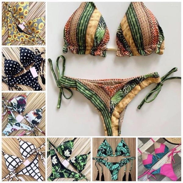 Menas de banho feminina Sexy Halter Swimsuit Push Up 2023 Brasilian Bikini Tropical Prints String Mini Women Thong Micro Bikinis