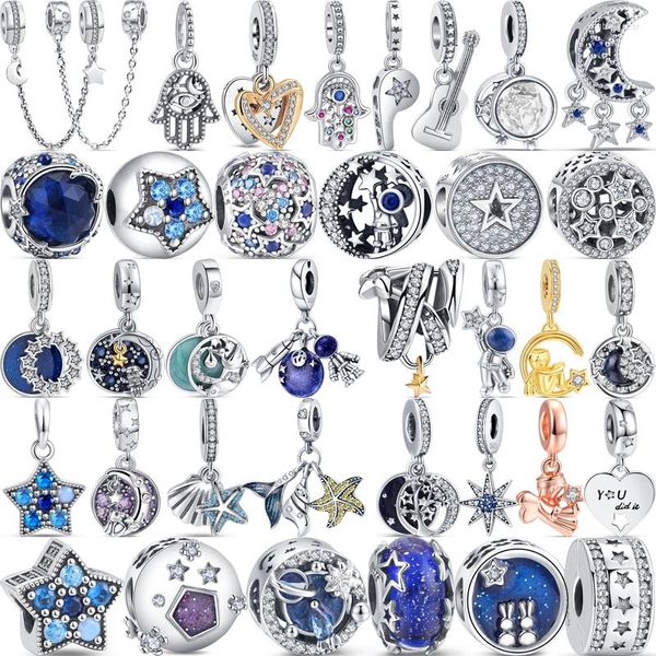 Свободные драгоценные камни 925 Silver Shine Stars Series Blue Night Sky Moon Safety Chaue Diy Beads подходят оригинальные браслеты для подвески женщин ювелирные изделия