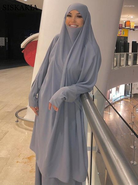 Abbigliamento etnico Siskakia Musulmano Khimar Abaya Set per le donne Ramadan Eid Mubarak Oversize Dubai Turchia Arabo Marocchino Abbigliamento da preghiera islamico