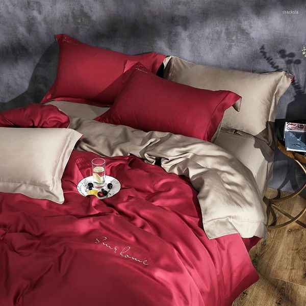 Bettwäsche-Sets Luxus 60er Seide Set Gesunde Haut Schönheit Bettbezug Bettlaken Kissenbezug Bett Grau Gelb
