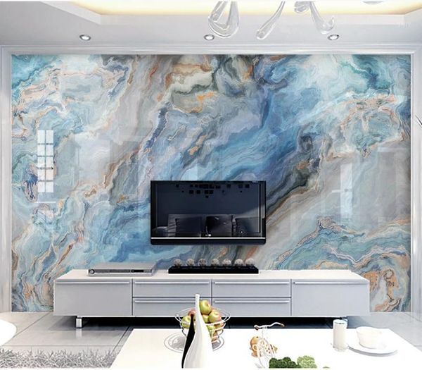 Tapeten Abstrakte geometrische blaue Marmorwandmalereien für Schlafzimmer 3D-Papiere HD gedruckter Fernsehhintergrund-Ziegel-Gewohnheit