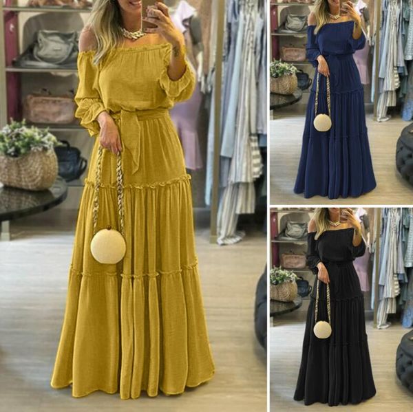 Mode Herbst Off Schulter Vestidos Weibliche Spitze Up Belted Kleider Strand Urlaub Rüschen Robe Frauen Böhmischen Lange Maxi Kleid 5XL