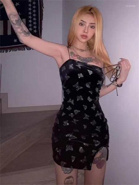 Sıradan Elbiseler Harajuku Kelebek Baskı Kayışı Sırtsız Elbise Kadın İnce Spagetti Kalça Etek Gotik Retro Seksi Mini Y2K Giyim