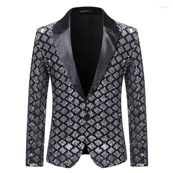 Abiti da uomo Blazer scozzese con paillettes argento Giacca da uomo Moda di marca Slim FIt Abito con un bottone Abito da uomo Costume da palcoscenico per matrimoni Homme