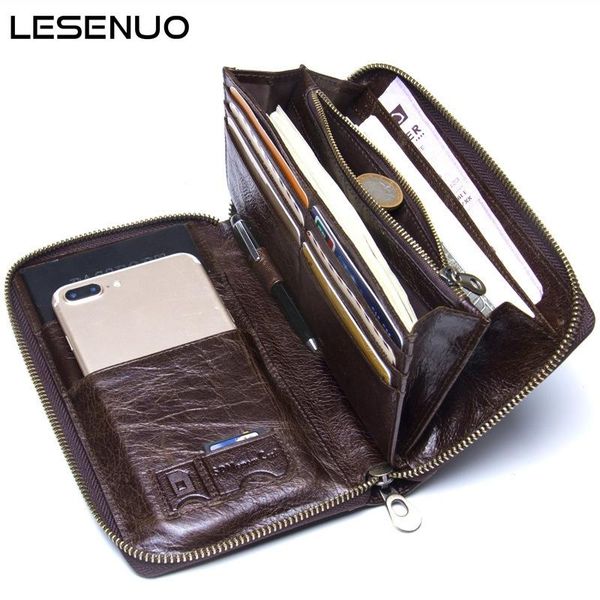 Brieftaschen LESENUO Lange Brieftasche aus echtem Markenleder für Herren mit Handytasche, Business-Handtasche, Herrenhalter, Reißverschluss, Geldbörse