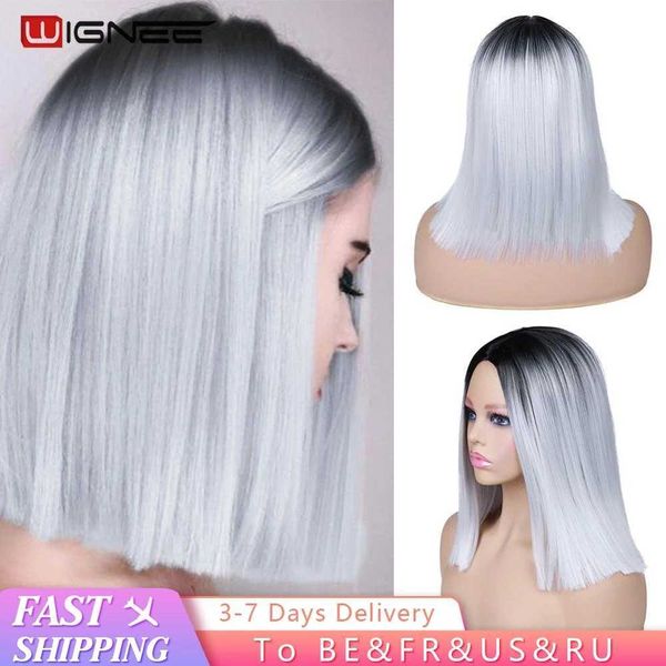 Синтетические парики Wignee 2 Tone Synthetic Wig Ombre Белый пепельный блондинка для женщин средняя часть Короткая прямая волоса высокая температура парики косплея 230227