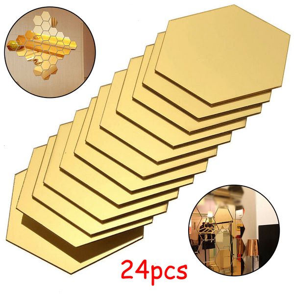 Adesivos de parede 24pcs hexágono espelho adesivos de parede acrílico adesivo de mosaico adesivo adesivo de adesivos de ouro para quarto de quarto decoração de casa de banheiro 230329