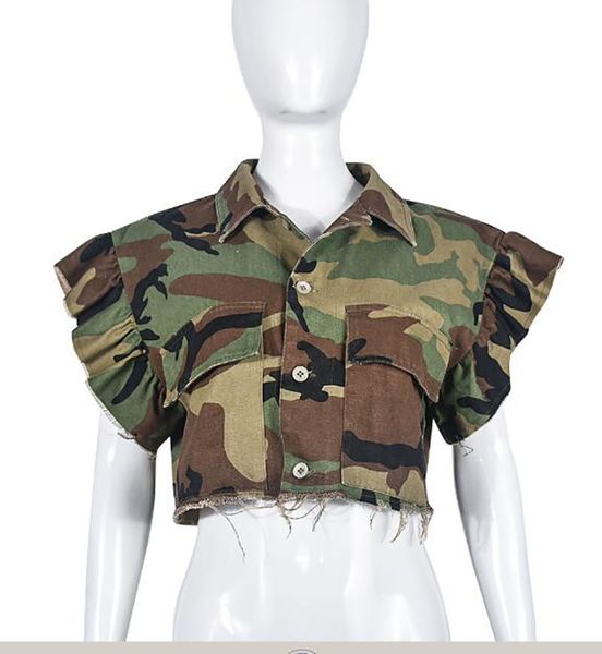 Damenjacken Reverskragen Camo Lotus Manschettenärmel Vordere Knopfhemden Crop Top Blusen Button-Down-T-Shirts mit Tasche Plus Größe S-XL