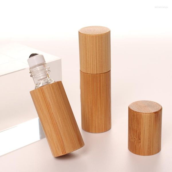 Garrafas de armazenamento 16 mm Cuidados pessoais Tubos de esferas de vidro 5 ml Recarregável Bottle essencial de óleo Personalizar logotipo no laser de tampa de bambu