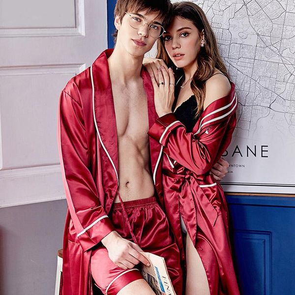 Men's Sleepwear Cherlemon Summer casal Robe Conjunto de manga cheia seda sólida seda vermelha para casamento Sexy Bathrobe Homens e mulheres