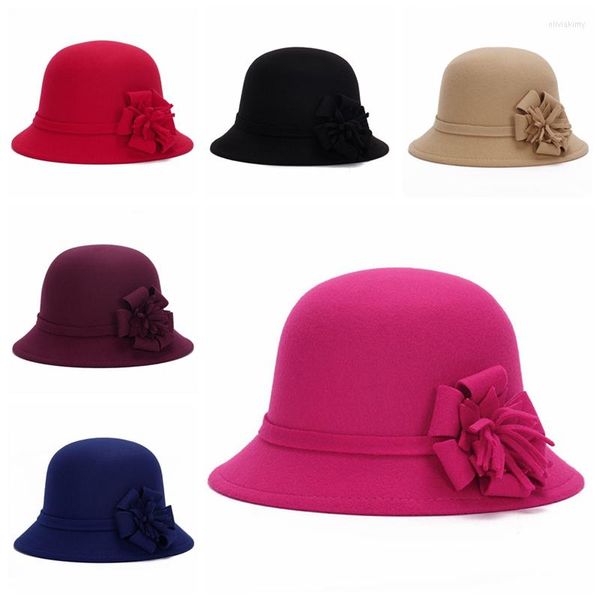 Geizig Krempe Hüte Frauen Solide Wollfilz Dome Fedoras Caps Herbst Winter Retro Blume Kappe Prinzessin Hut Damen Eimer