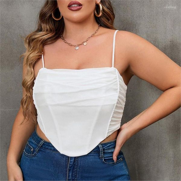 Damen Tanks EDGLuLu Sommer Ärmellos Sexy Korsett Crop Tops Weste Weibliches Rückenfreies Weißes Bustier Top Asymmetrisches Mesh Plus Größe 0220