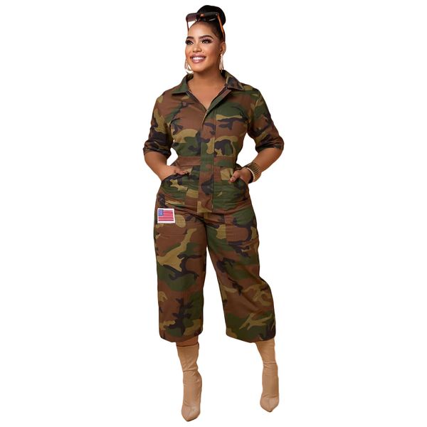 Damen-Overalls, Strampler, 2023, modischer Camouflage-Overall für Damen, Freizeitkleidung mit Umlegekragen, kurzen Ärmeln und locker sitzenden Strampler-Overalls