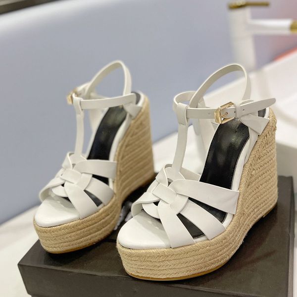 Tribute Woven Espadrille Sandals Wedge plataforma salto alto sapatos sapatos de bico quadrado designer de luxo feminino sola de couro sapatos de noite 125mm calçados de fábrica