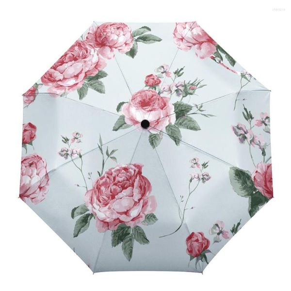 Regenschirme Rosa Rose Blume Aquarell Malerei Kreativer Regenschirm Regen Frauen Automatisch Drei Klappbarer Winddichter Sonnenschirm Parapluie