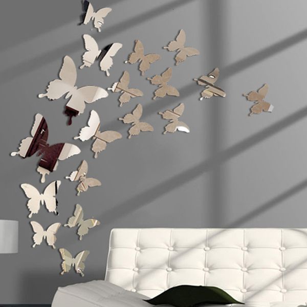 Duvar Çıkartmaları 12 PCS 3D Kelebek Ayna Duvar Etiketleri Kelebekler Duvar Çıkartması Çıkarılabilir Duvar Art Partisi Düğün Dekoru Ev Süslemeleri için 230329