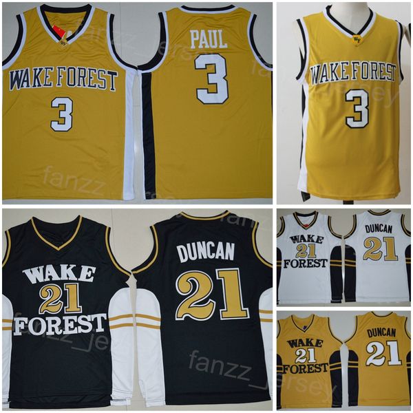 Wake Forest Demon Deacons Jersey College Basketball Chris Paul 3 Tim Duncan 21 Camisa da Universidade All Stitched Color Color Preto