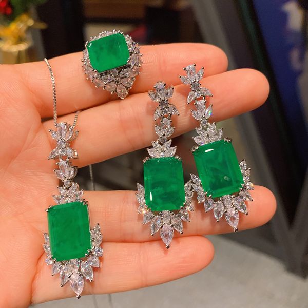 Vintage Lab Emerald Elmas Takı Seti 14K Altın Nişan Düğün Yüzük Küpeler Kadınlar için Küpe Keep Hediye