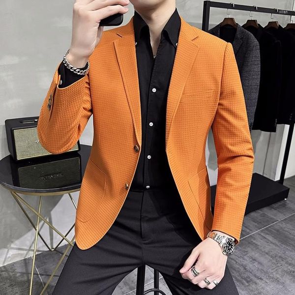 Ternos masculinos Plyesxale Chegada Orange Blazers Men Jaqueta de marca Moda Slim Casual Casuais