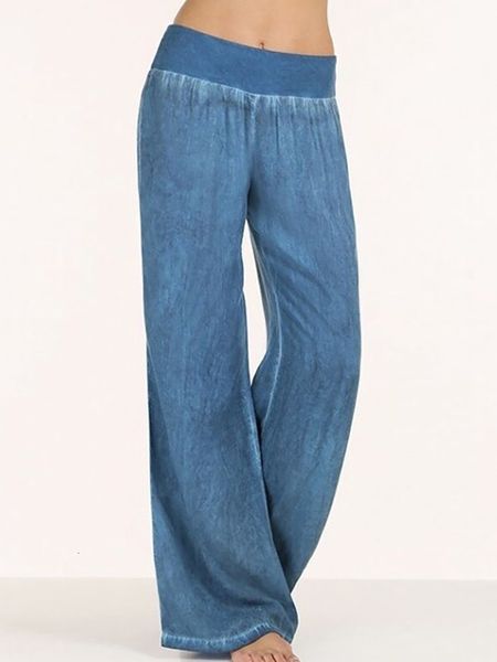 Calça feminina Capris Casual Cotton Pullon Pant com cintura elástica de jeans alta perna larga Palazzo 230329