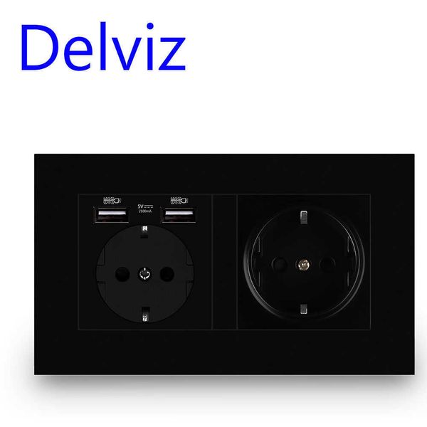 Delviztoma USB Power Socket с интерфейсом зарядки черной панели CA 110 ~ 250 В 146 мм 86 мм 16A EU Стандартная двойная рамка USB Plug Z0327