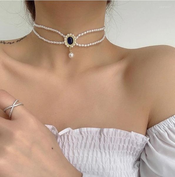 Ketten Großhandel Französisch Stil Vintage Barock Perlen Eleganz Frauen Halskette Choker Blau Glas Diamant Anhänger Luxus Schmuck