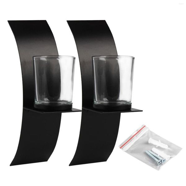 Portacandele 2 set Festa con tazza di vetro Candeliere Moderno Sconce da parete Regalo di compleanno Spa Arte del ferro Porta arco Nero Home Decor Camera da letto