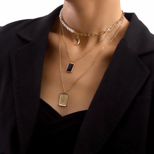 Anhänger Halsketten Trendy Mehrschichtige Perle Bambus Gliederkette Schwarz Zirkon Halbmond Halskette Weiblich 2023 Schmuck Für Frauen