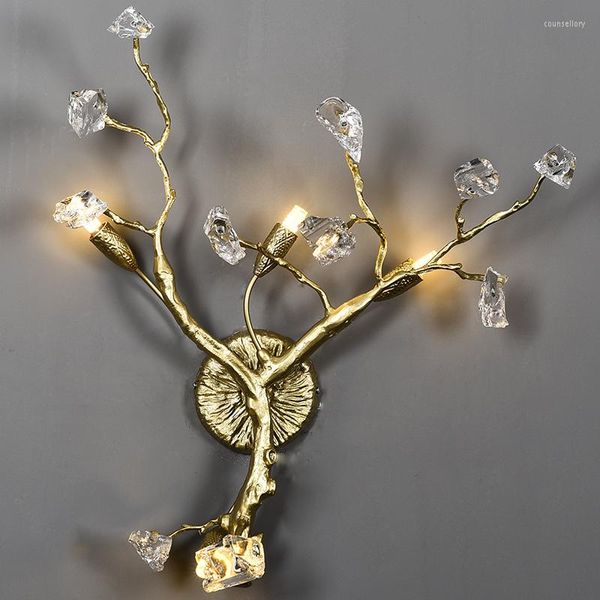 Стеновые лампы Odysen Art Deco Copper Crystal Lamp Ветви винтажные ретро крытый украшение виллы лобби лобби творческая гостиная свет