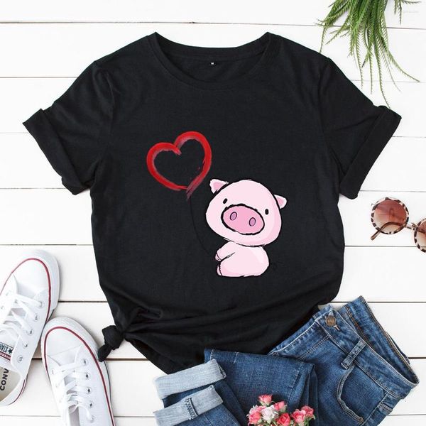 Camisetas femininas camisetas de desenhos animados amam impressão de porco mulheres multicoloras camisetas de algodão feminino de manga curta ladra tops soltos tshirts woman tshirts