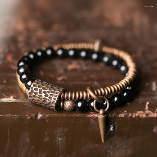 Strand Black Obsidian Beads Bracelet Hammered Brass Two -LOW Health Jóias Unissex para mulheres Únicas personalizadas artesanais