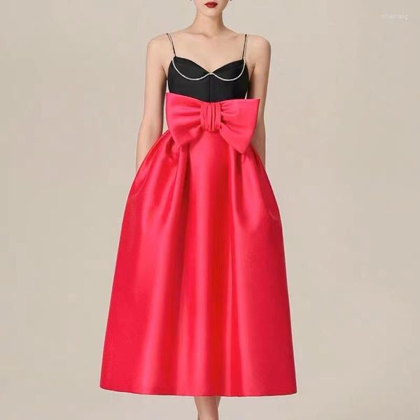 Casual Kleider Modedesign Sommer Diamanten Spaghettiträger Kleid Luxus Frauen Sexy V-Ausschnitt Big Bow Hohe Taille Ballkleid Party Midi