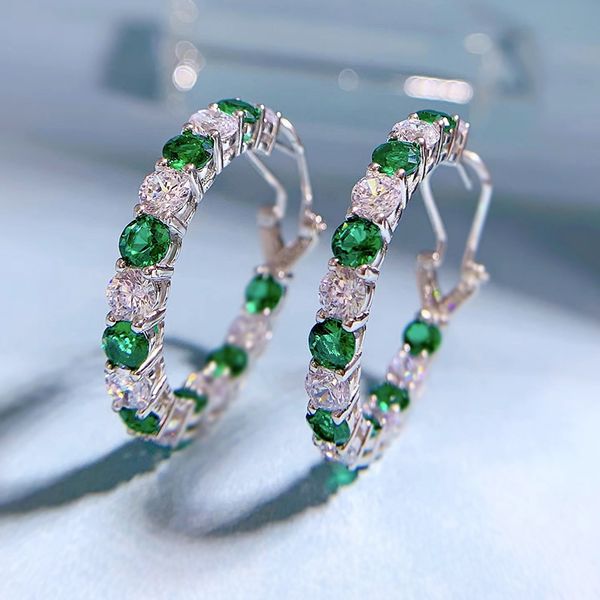 2022 EMERALD Diamond Hoop Brincha 100% Real 925 Sterling Silver Jewelry Party Brincos de casamento para mulheres noivado de noivas Bijou