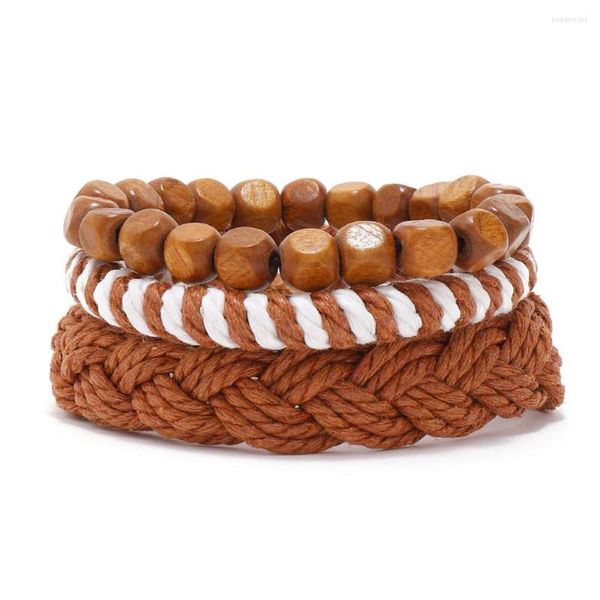 Strang 3 stücke Ethnische Holzperlen Armband Set Handgemachte Braune Geflochtene Geflochtene Armbänder Mode Männer Schmuck Großhandel